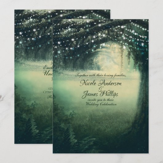 神秘の森の緑と青のライトの素朴なウェディング 招待状 (正面/裏面)