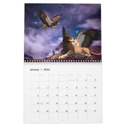 神秘の生き物ファンタジーユニコーンドラゴンマーメイド カレンダー (1月 2026)