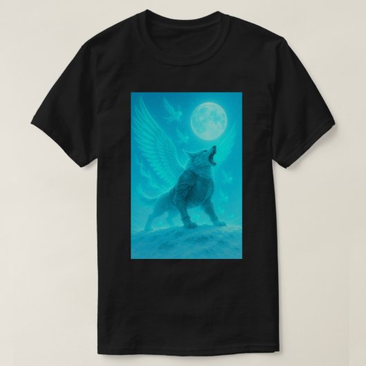 神秘の翼を持つ狼 月に吠える Tシャツ (デザイン正面)