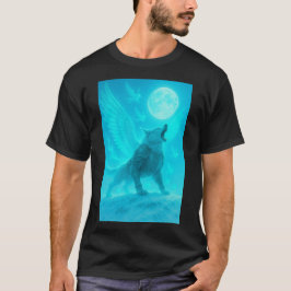神秘の翼を持つ狼 月に吠える Tシャツ
