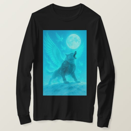 神秘の翼を持つ狼 月に吠える Tシャツ (デザイン正面)