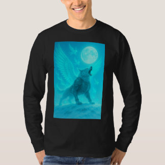 神秘の翼を持つ狼 月に吠える Tシャツ