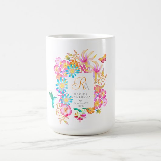 神秘の花のモノグラム ホワイト 開花 コーヒーマグカップ (中央)