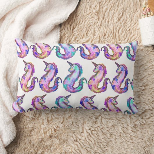 神秘ピンクティール(緑がかった色)ユニコーンシーホースの水色 ランバークッション (ブランケット)