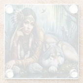 神秘的で狼と先住民のアメリカ人女性 ガラスコースター (裏面)