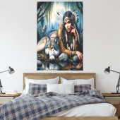 神秘的で狼と先住民のアメリカ人女性 キャンバスプリント (インサイチュ (寝室))
