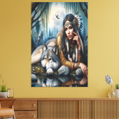 神秘的で狼と先住民のアメリカ人女性 キャンバスプリント (インサイチュ (リビング))