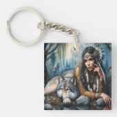 神秘的で狼と先住民のアメリカ人女性 キーホルダー (正面)