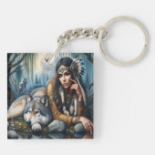 神秘的で狼と先住民のアメリカ人女性 キーホルダー (裏面)