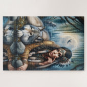 神秘的で狼と先住民のアメリカ人女性 ジグソーパズル (横)