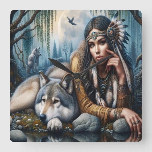 神秘的で狼と先住民のアメリカ人女性 スクエア壁時計 (正面)