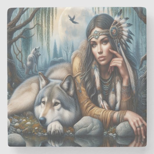 神秘的で狼と先住民のアメリカ人女性 ストーンコースター (正面)