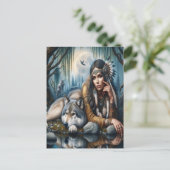 神秘的で狼と先住民のアメリカ人女性 ポストカード (スタンド正面)