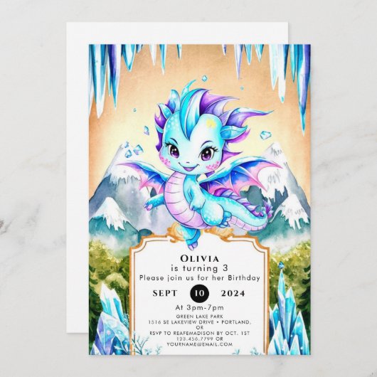 神秘的なかわいいアイスドラゴン誕生日 招待状 (正面/裏面)