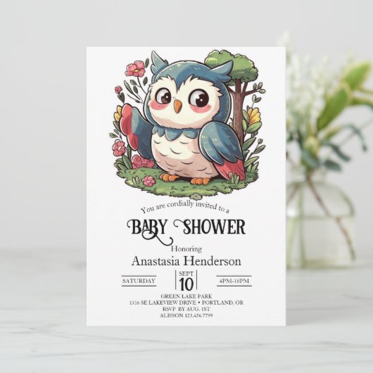 神秘的なかわいいフクロウの赤ちゃんシャワー 招待状 (スタンド正面)