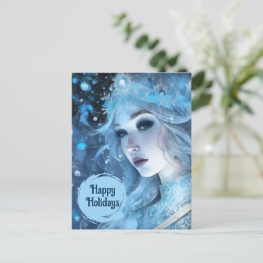 神秘的なアイスクイーン – ファンタジー冬の女神アート シーズンポストカード (スタンド正面)