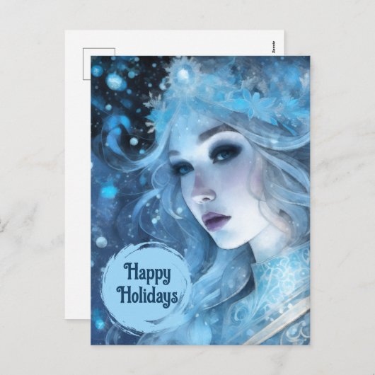 神秘的なアイスクイーン – ファンタジー冬の女神アート シーズンポストカード (正面/裏面)