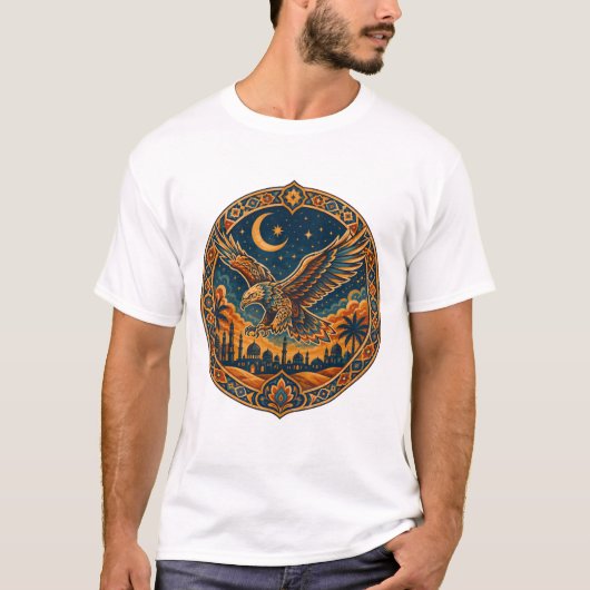 神秘的なアラビアンホウクロワッサンの月砂漠アート Tシャツ (正面)