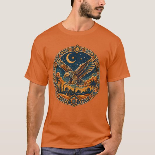 神秘的なアラビアンホウクロワッサンの月砂漠アート Tシャツ (正面)