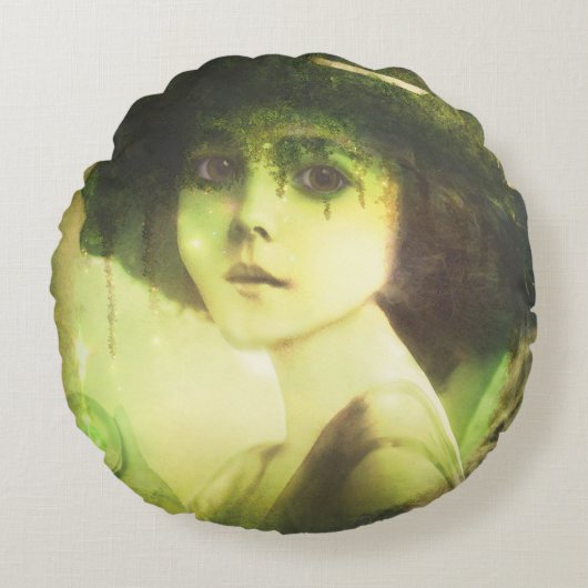 神秘的なウィローツリーフェアリーファンタジーアート ラウンドクッション (正面)