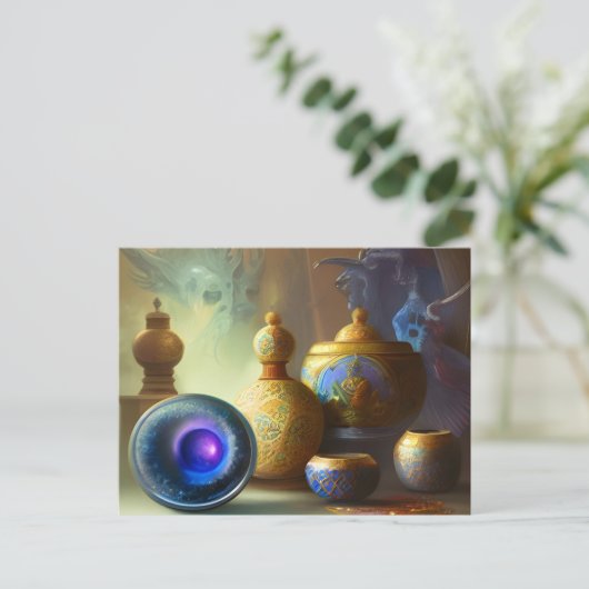 神秘的なエナメルボトル&ボウルのデジタルアート ポストカード (スタンド正面)