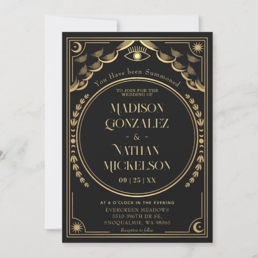 神秘的なエレガント金ゴールドタロットゴシック結婚ズ 招待状 (正面)