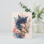 神秘的なオオカミの水彩花開く ポストカード (スタンド正面)