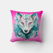 神秘的なオオカミ | エレガントターコイズ&ピンクウルフ クッション (正面)