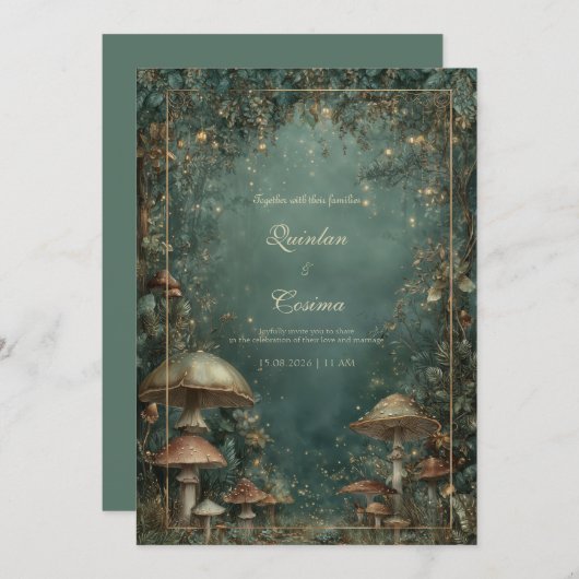 神秘的なキノコとフェアリー結婚ライト 招待状 (正面/裏面)