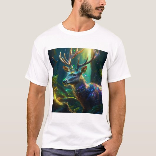 神秘的なクリスマス - 魔法の森の輝く鹿 Tシャツ (正面)