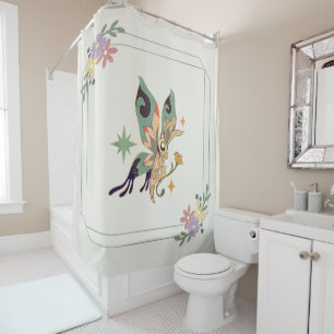 神秘的なグラフィックアートワーク、緑の妖精蝶 シャワーカーテン