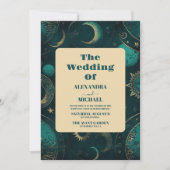 神秘的なグリーン金ゴールド太陽ムーン天文学宇宙結婚式 招待状 (正面)