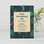 神秘的なグリーン金ゴールド太陽ムーン天文学宇宙結婚式 招待状 (スタンド正面)