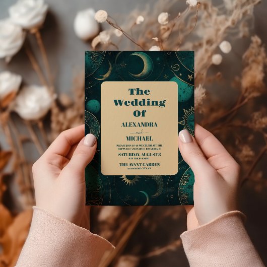 神秘的なグリーン金ゴールド太陽ムーン天文学宇宙結婚式 招待状