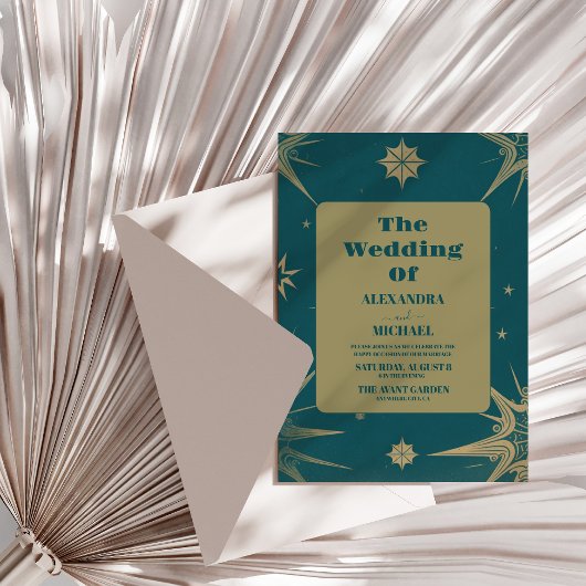 神秘的なグリーン金ゴールド太陽ムーン天文学宇宙結婚式 招待状