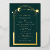神秘的なグリーン金ゴールド太陽ムーン天文学宇宙 箔招待状 (正面)