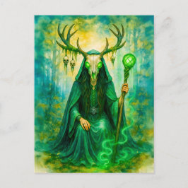 神秘的なケルトのドルイド女性、鹿の角のマスク シーズンポストカード