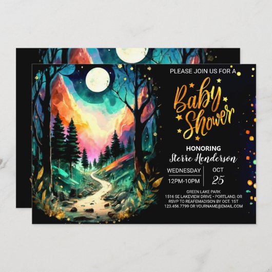 神秘的なコテージグローブベビーシャワー 招待状 (正面/裏面)