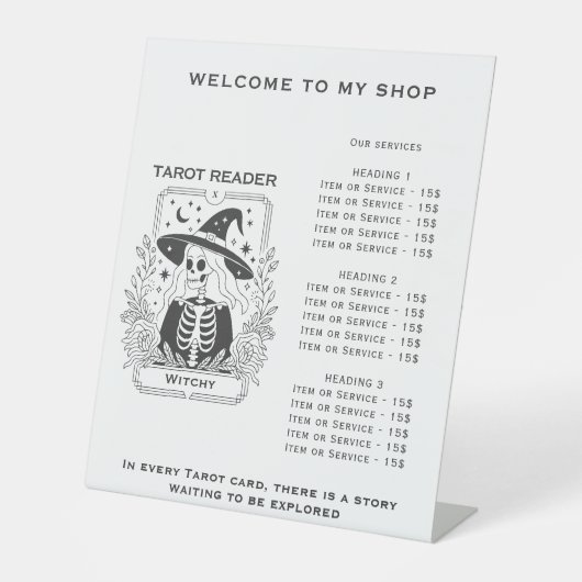 神秘的なゴシック様式の黒と白の魔女タロットデザイン 台座サイン (正面)