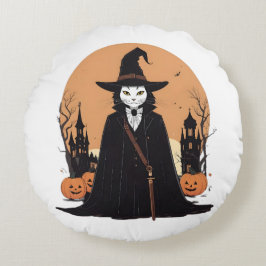 神秘的なサレムブラックキャットとカボチャ ラウンドクッション