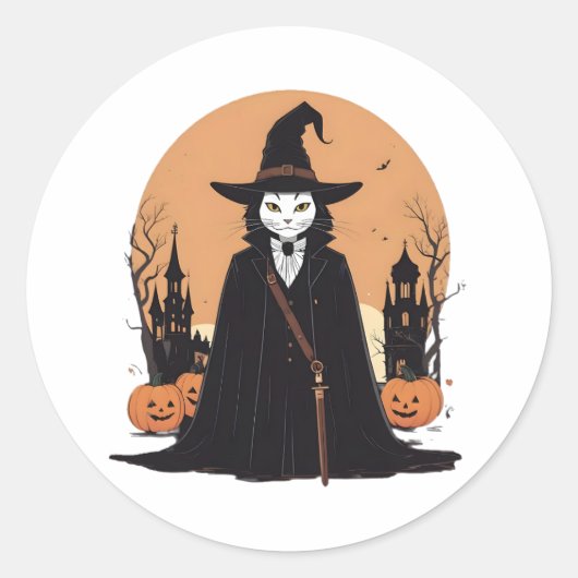 神秘的なサレムブラックキャットとカボチャ ラウンドシール (正面)