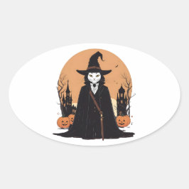神秘的なサレムブラックキャットとカボチャ 楕円形シール