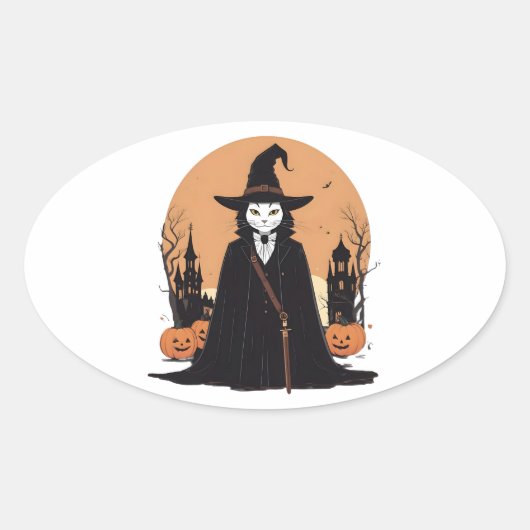 神秘的なサレムブラックキャットとカボチャ 楕円形シール (正面)