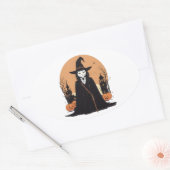 神秘的なサレムブラックキャットとカボチャ 楕円形シール (封筒)