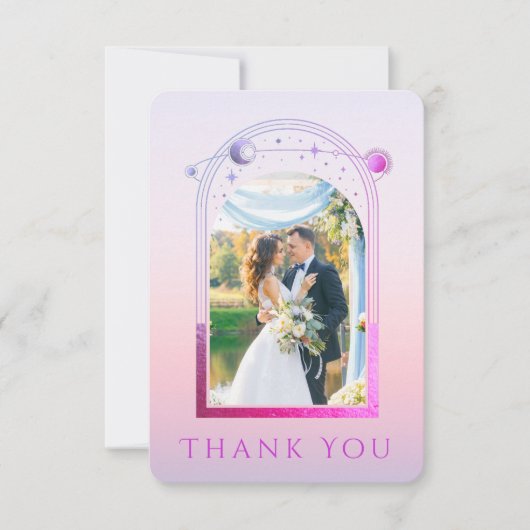 神秘的なサンセットピンクの太陽の月の星の写真結婚の数 サンキューカード (正面)