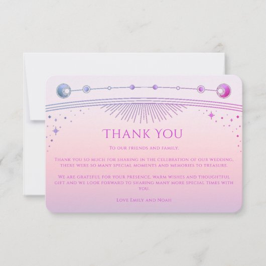 神秘的なサンセットピンクの星の月の星の写真結婚の数 サンキューカード (正面)