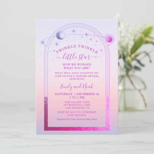 神秘的なサンセットピンクサンムーンスターベビーシャワー 招待状 (スタンド正面)