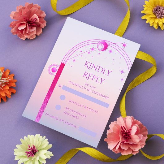 神秘的なサンセットピンクサンムーンスター結婚ズ 出欠カード