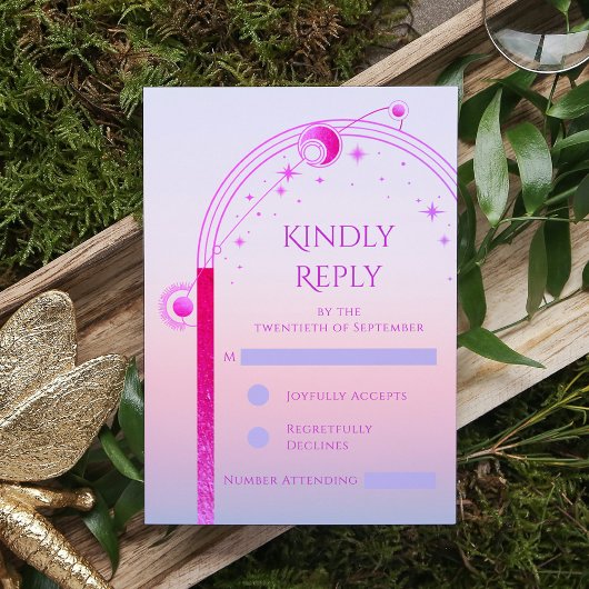 神秘的なサンセットピンクサンムーンスター結婚ズ 出欠カード