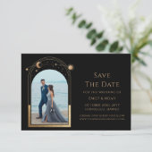 神秘的なシックなブラック金ゴールドサンムーンスター宇宙 セーブザデート (スタンド正面)